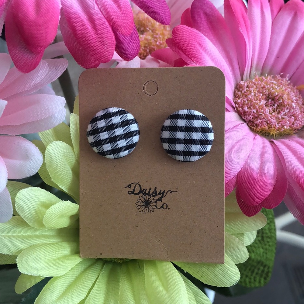 Gingham Padded Button Stud Earrings